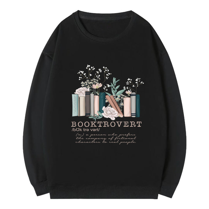 Kvinnors sweatshirt med lekfull bokdesign och inspirerande text Mirla-Eva Jonsson