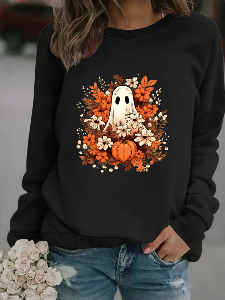 Kvinnors sweatshirt med lekfullt spöklikt höstmotiv Mirla-Eva Jonsson