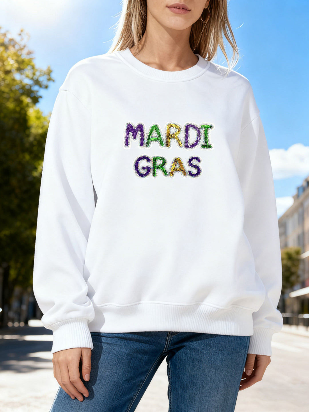 Kvinnors sweatshirt med livlig Mardi Gras-tryck Mirla-Eva Jonsson
