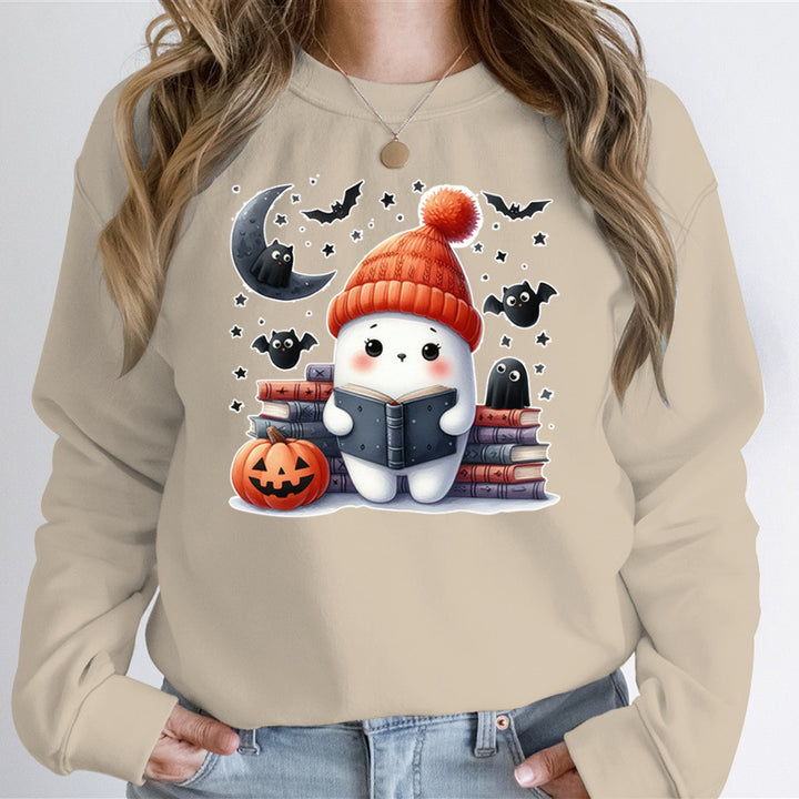 Kvinnors sweatshirt med sött Halloween-motiv och bokdesign Mirla-Eva Jonsson