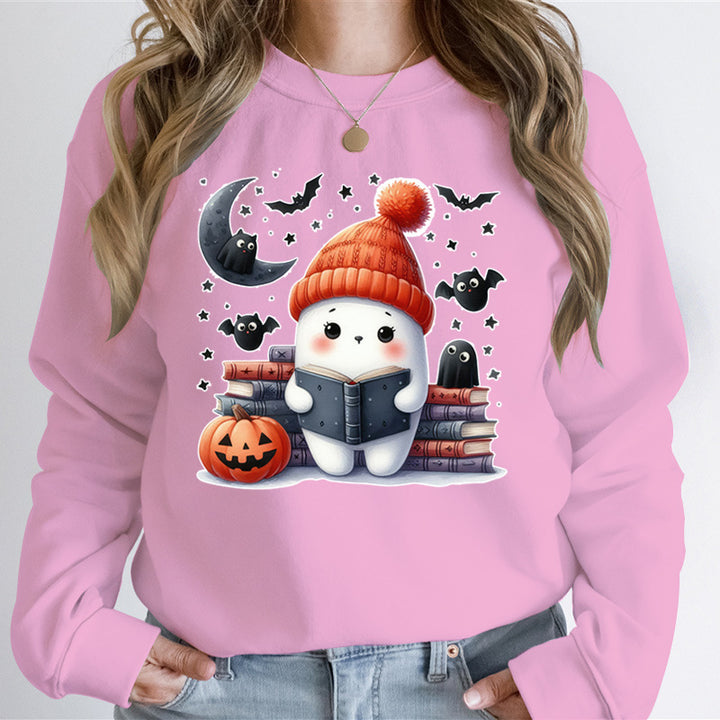 Kvinnors sweatshirt med sött Halloween-motiv och bokdesign Mirla-Eva Jonsson