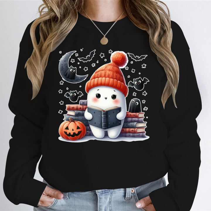 Kvinnors sweatshirt med sött Halloween-motiv och bokdesign Mirla-Eva Jonsson
