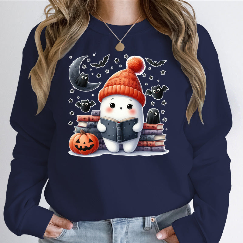 Kvinnors sweatshirt med sött Halloween-motiv och bokdesign Mirla-Eva Jonsson