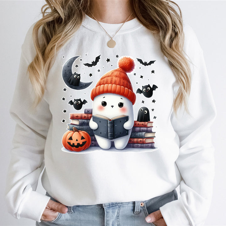 Kvinnors sweatshirt med sött Halloween-motiv och bokdesign Mirla-Eva Jonsson