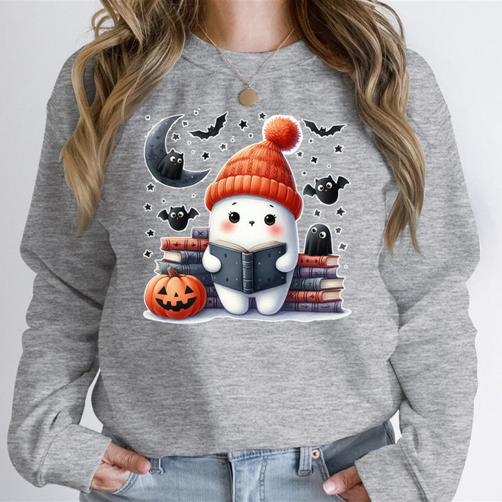 Kvinnors sweatshirt med sött Halloween-motiv och bokdesign Mirla-Eva Jonsson