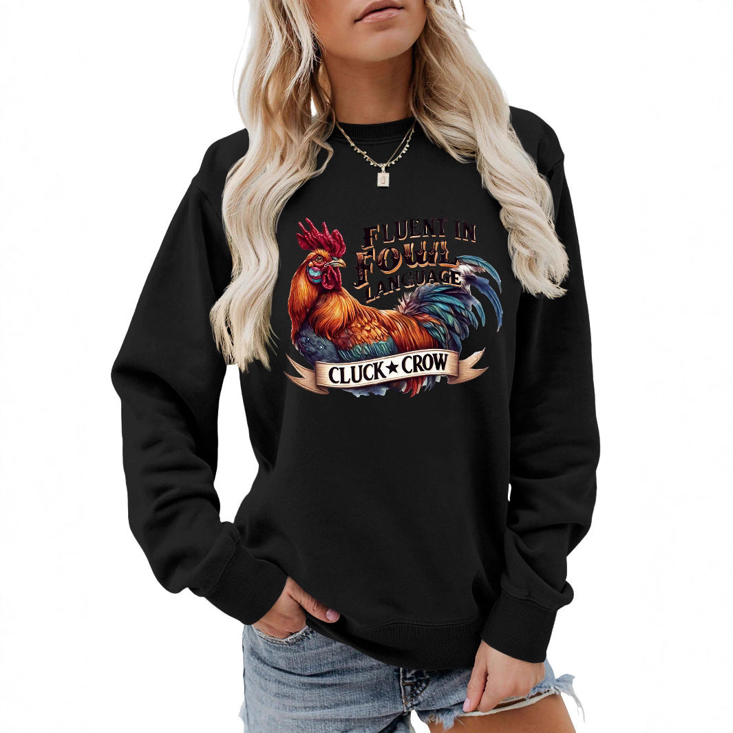 Kvinnors sweatshirts med humoristisk kycklingmotiv och komfortabel passform Mirla-Eva Jonsson