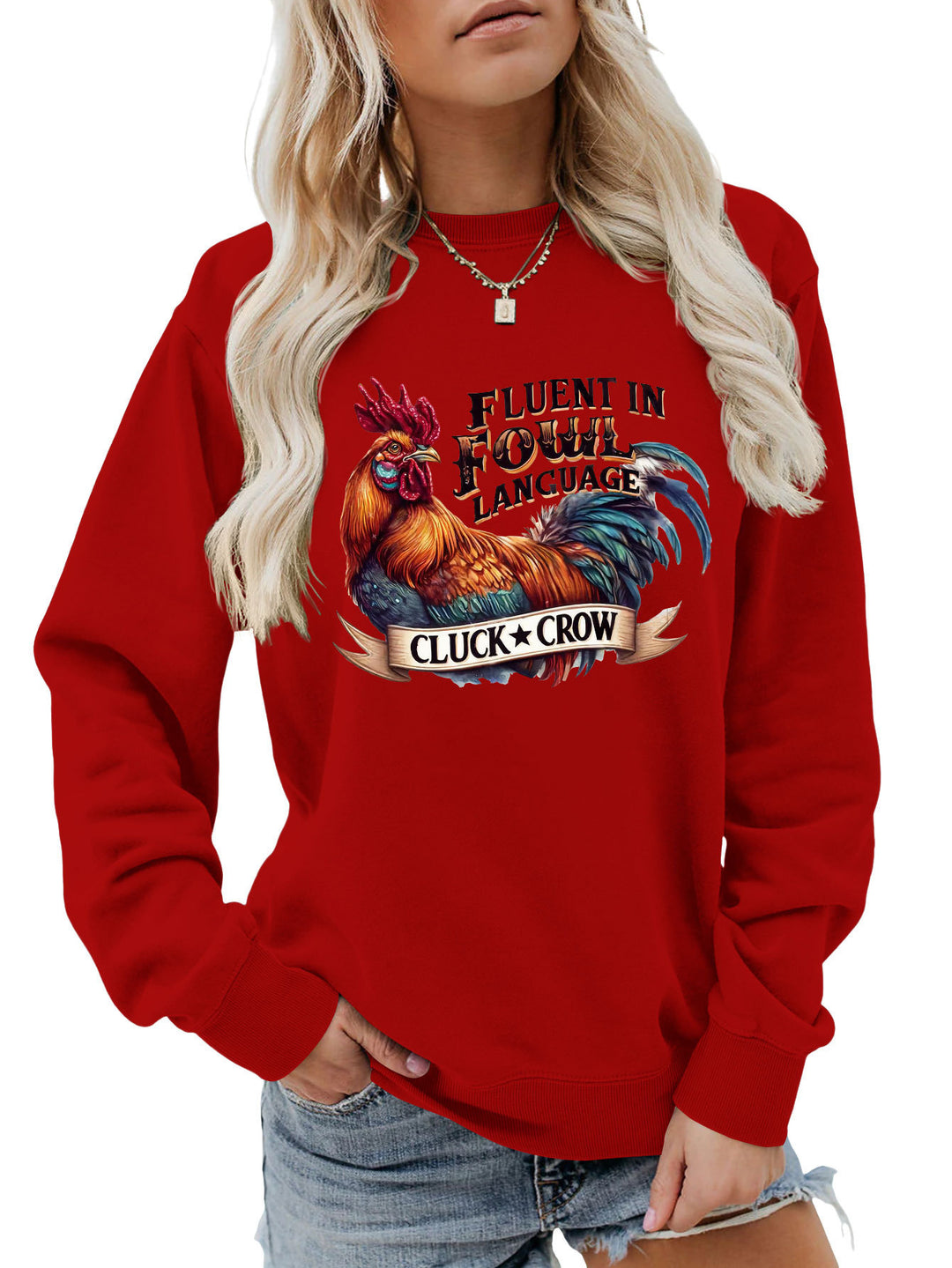 Kvinnors sweatshirts med humoristisk kycklingmotiv och komfortabel passform Mirla-Eva Jonsson