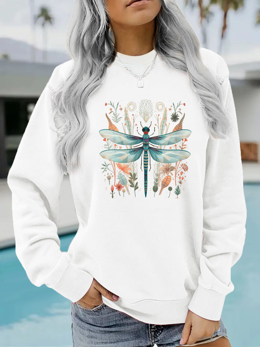 Kvinnors sweatshirts med unik trollslända tryck och botanisk design Mirla-Eva Jonsson
