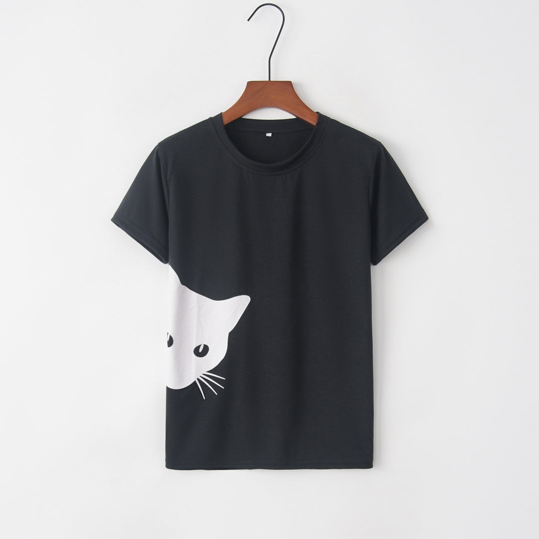 Kvinnors t-shirt med kreativ kattdesign och lös passform Mirla-Eva Jonsson