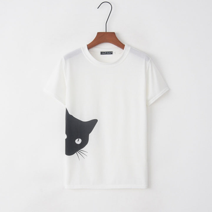 Kvinnors t-shirt med kreativ kattdesign och lös passform Mirla-Eva Jonsson