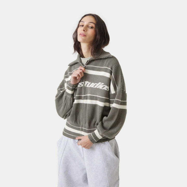 Kvinnors trendig zip-tröja med hög krage och texturerad tyg Mirla-Eva Jonsson