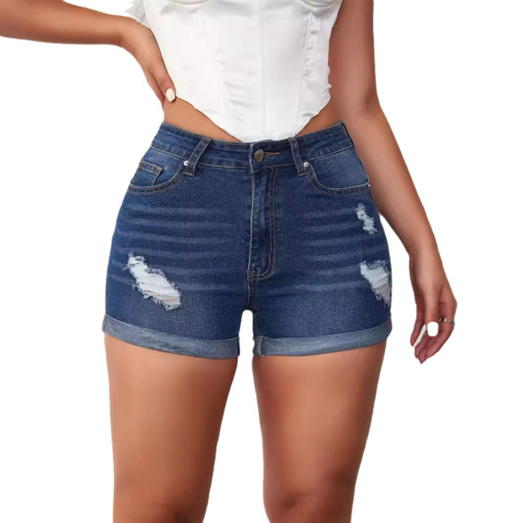 Kvinnors trendiga hög midja denim shorts med fransade detaljer Mirla-Eva Jonsson
