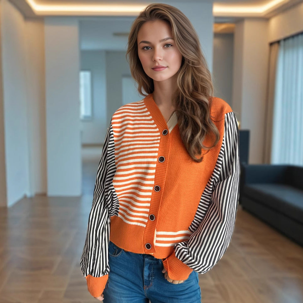 Kvinnors trendiga stickade cardigan med randig ärmdesign och bekväm Passform Mirla-Eva Jonsson