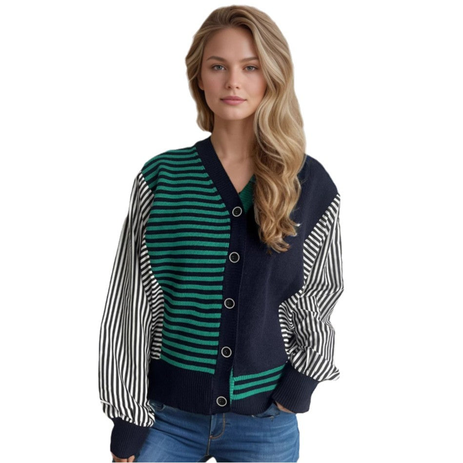 Kvinnors trendiga stickade cardigan med randig ärmdesign och bekväm Passform Mirla-Eva Jonsson