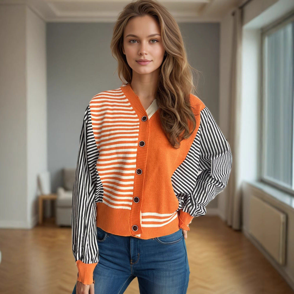 Kvinnors trendiga stickade cardigan med randig ärmdesign och bekväm Passform Mirla-Eva Jonsson