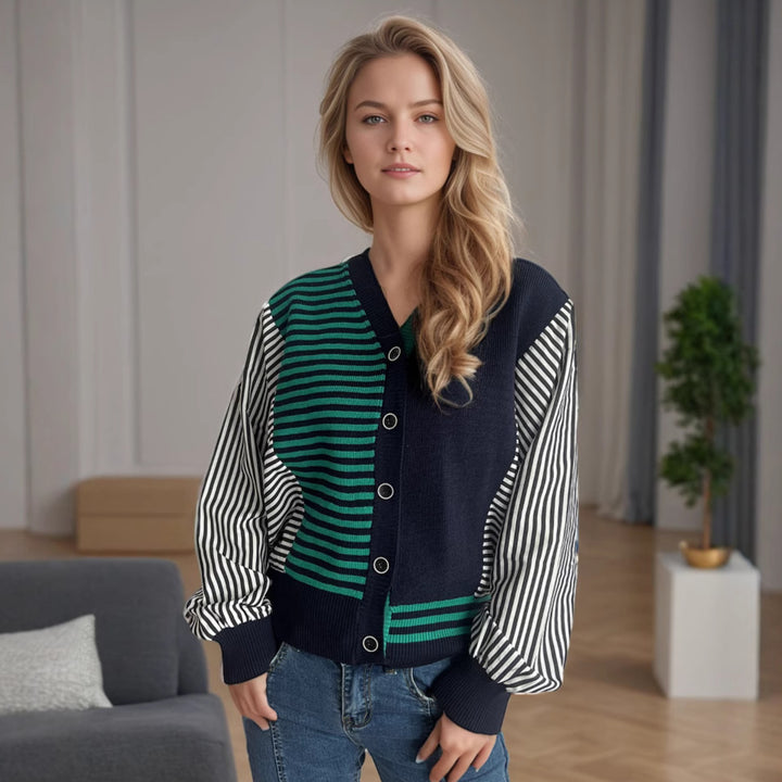 Kvinnors trendiga stickade cardigan med randig ärmdesign och bekväm Passform Mirla-Eva Jonsson