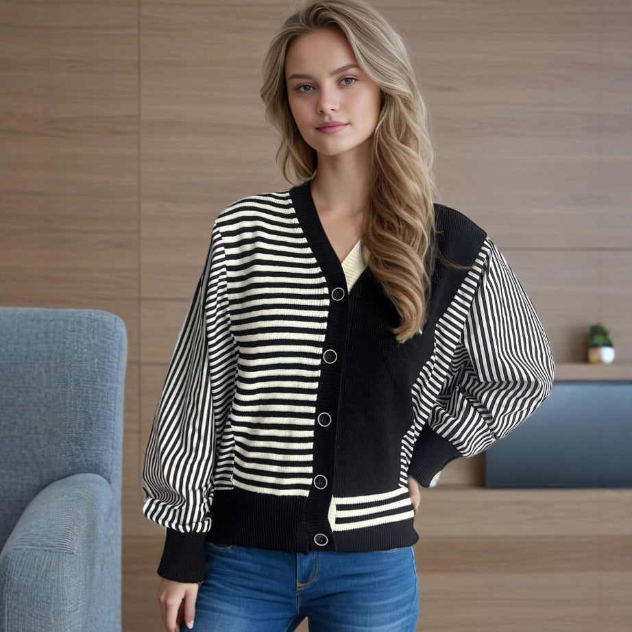 Kvinnors trendiga stickade cardigan med randig ärmdesign och bekväm Passform Mirla-Eva Jonsson