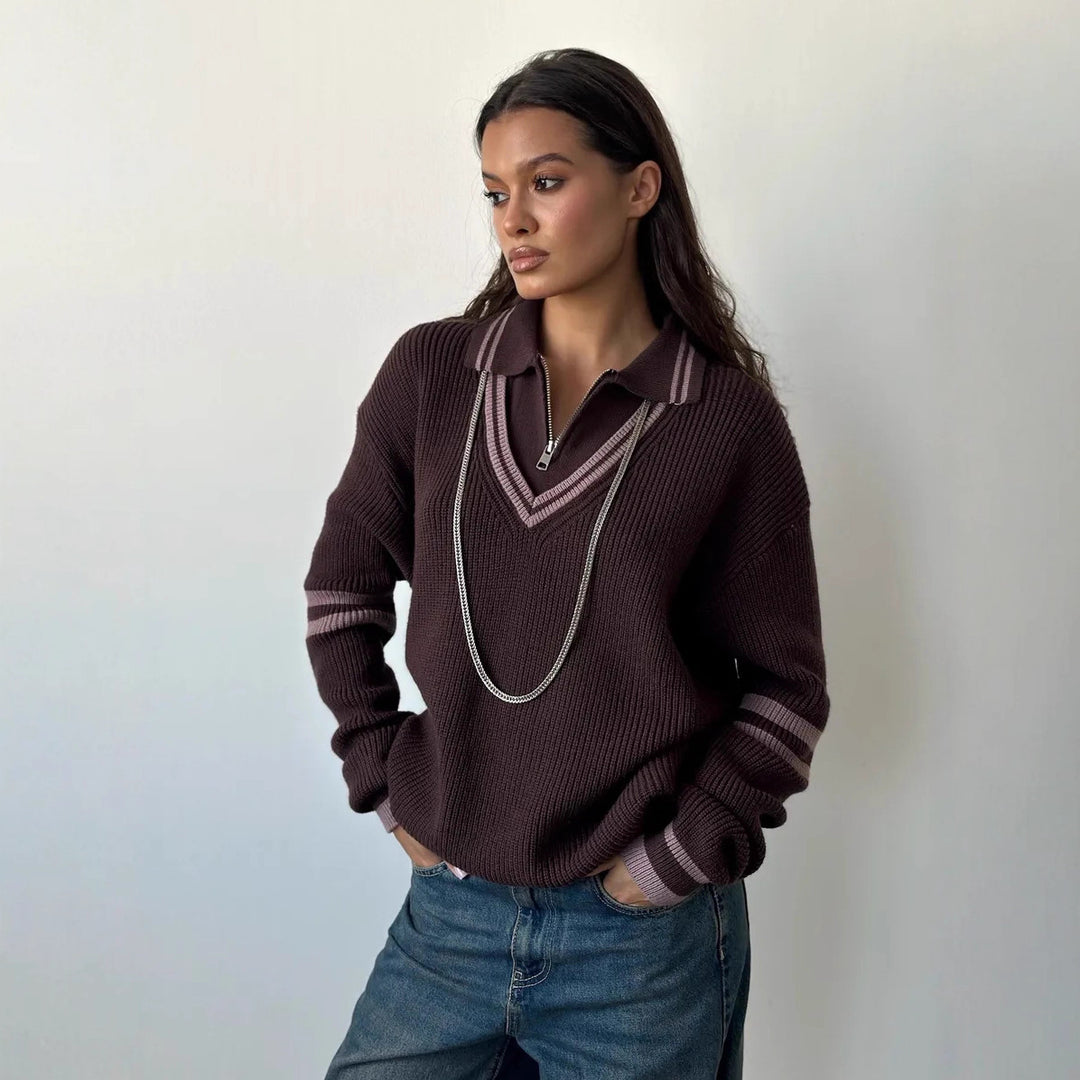 Kvinnors trendiga stickade tröja med högkvalitativ dragkedja och randig design Mirla-Eva Jonsson