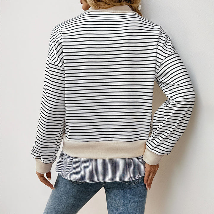 Kvinnors trendiga sweatshirt med asymmetrisk randmönster och volangdetaljer Mirla-Eva Jonsson
