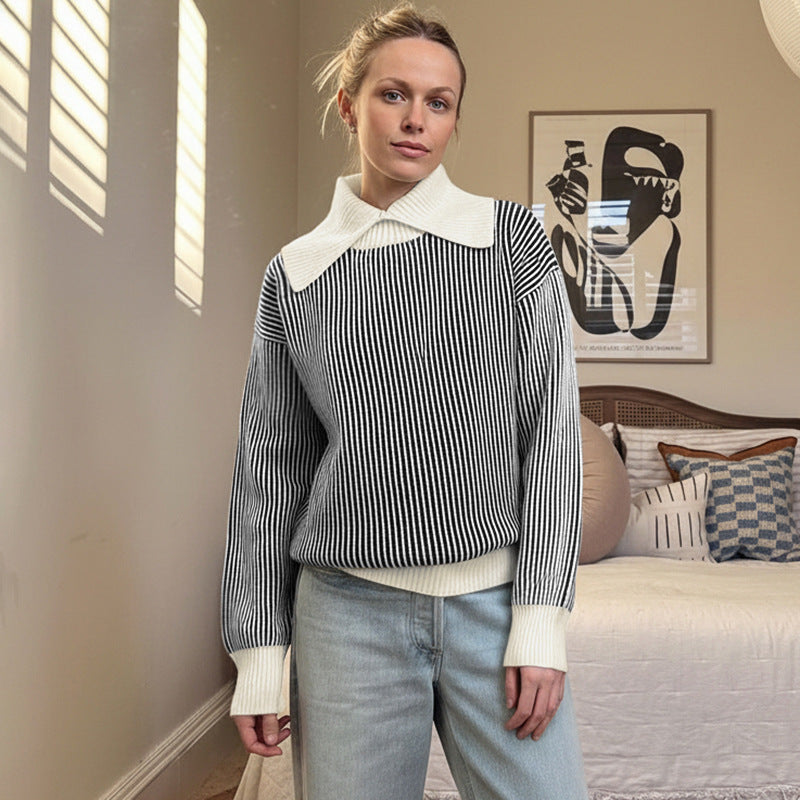 Kvinnors tröja med modernt randmönster och elegant krage Mirla-Eva Jonsson