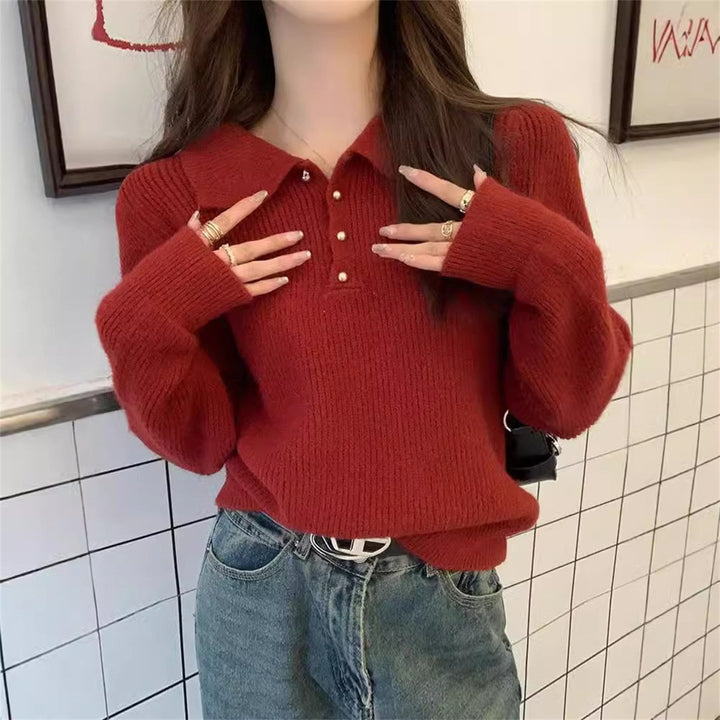 Kvinnors tröja med texturerad polo-krage och knappar Mirla-Eva Jonsson
