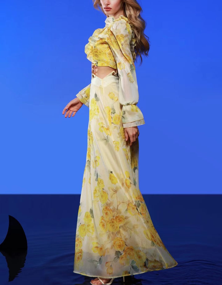 Kvinnors tvådelad maxi klänning med blommönster och eleganta volanger-Eva Jonsson