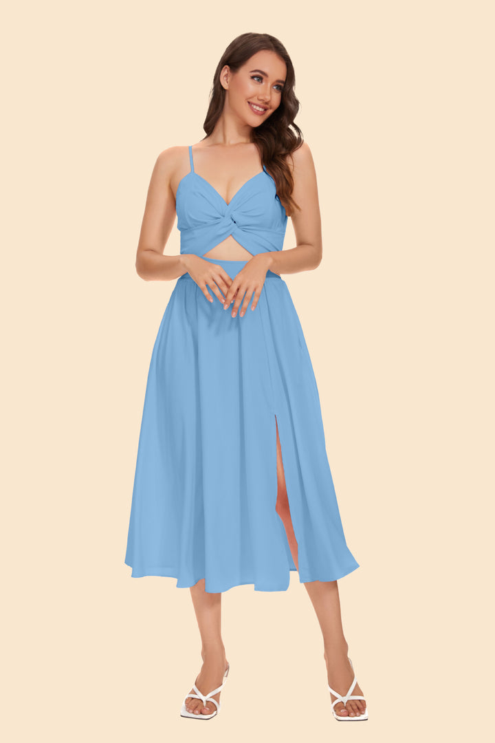 Kvinnors tvådelade ensemble med elegant knutlös blus och flödande kjol med slits Mirla-Eva Jonsson