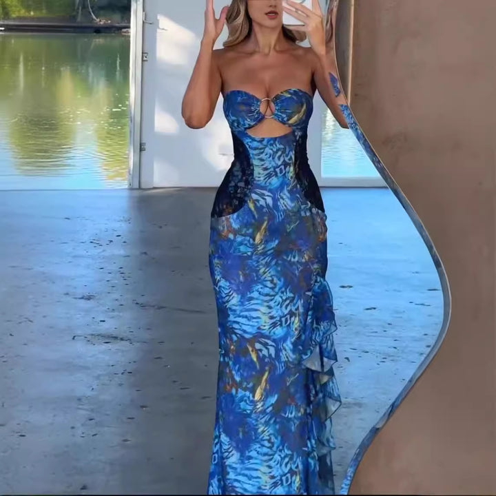 Kvinnors utsökt maxi klänning med raffinerad cut-out och elegant volangdesign Mirla-Eva Jonsson