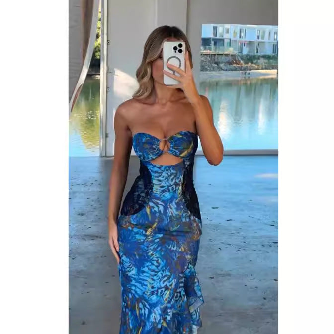Kvinnors utsökt maxi klänning med raffinerad cut-out och elegant volangdesign Mirla-Eva Jonsson