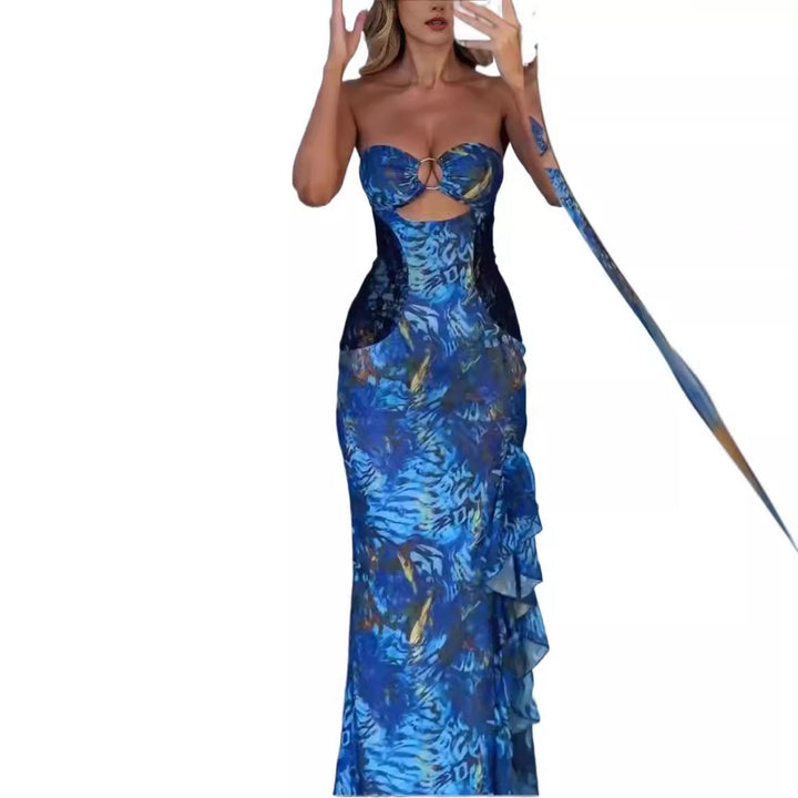 Kvinnors utsökt maxi klänning med raffinerad cut-out och elegant volangdesign Mirla-Eva Jonsson