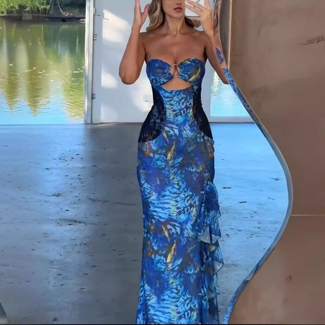Kvinnors utsökt maxi klänning med raffinerad cut-out och elegant volangdesign Mirla-Eva Jonsson