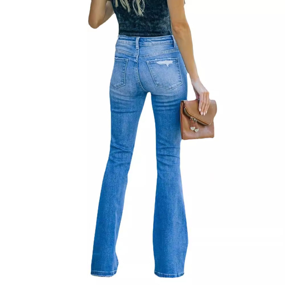Kvinnors utsvängda jeans i vintage stil med modeinspirerade förstörda effekter-Eva Jonsson