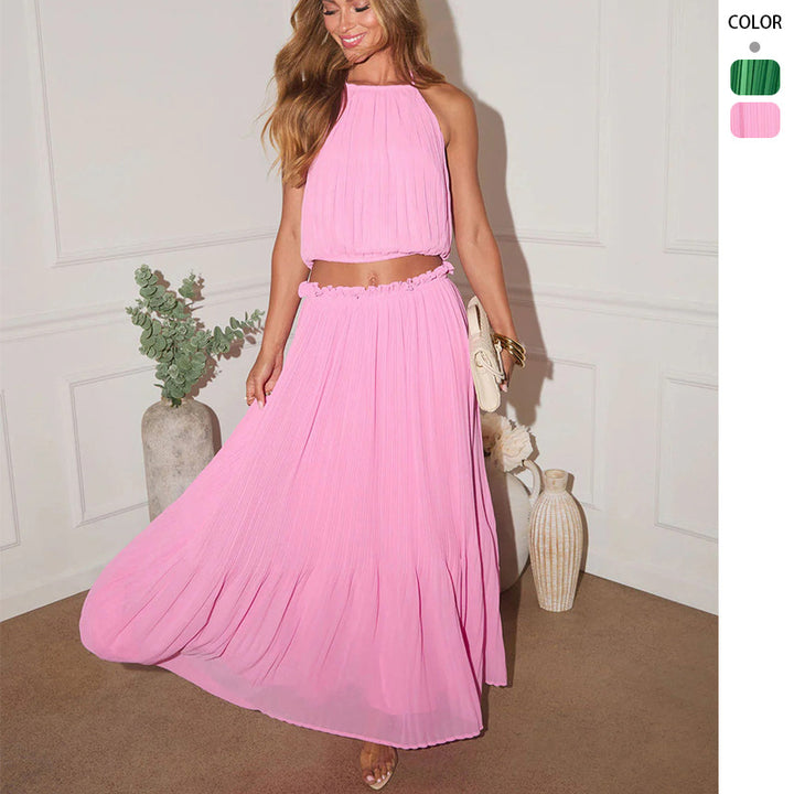 Kvinnors veckad tvådelad set med crop top och elegant maxikjol Mirla-Eva Jonsson