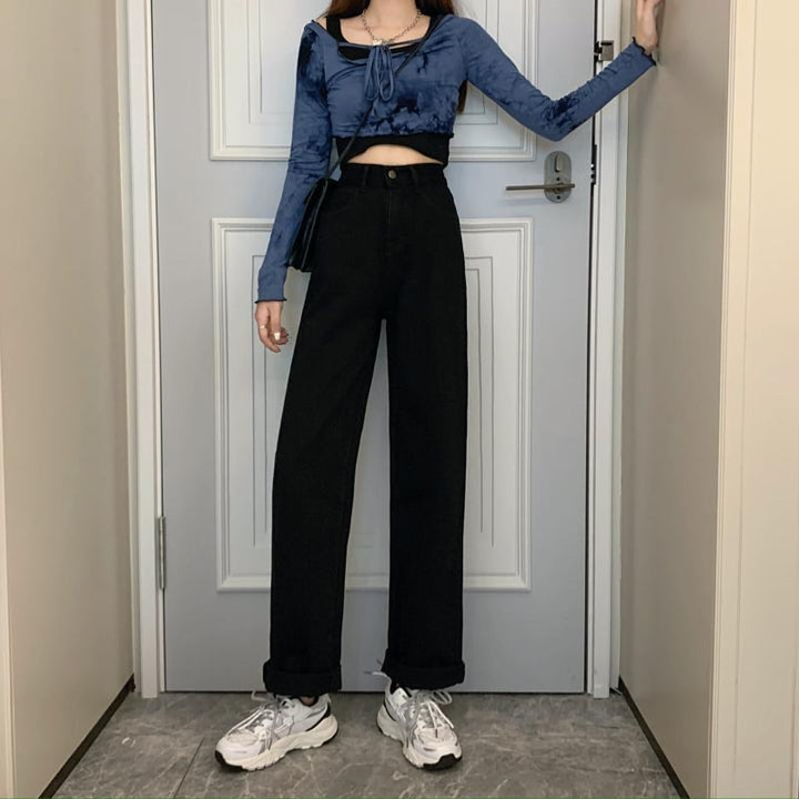 Kvinnors vida ben jeansbyxor med hög midja Mirla-Eva Jonsson