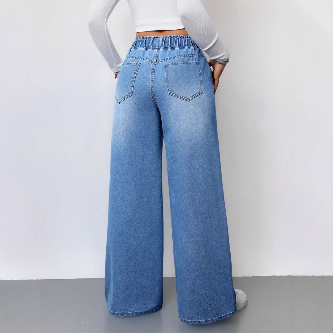 Kvinnors vida denimbyxor med elastisk midja och praktiska fickor-Eva Jonsson