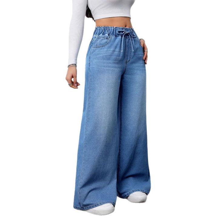 Kvinnors vida denimbyxor med elastisk midja och praktiska fickor-Eva Jonsson