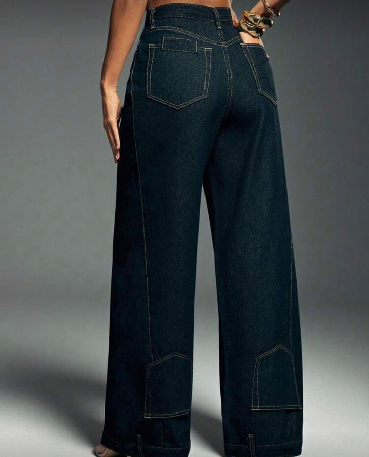 Kvinnors vida denimbyxor med hög midja och dekorativ sömnad Mirla-Eva Jonsson