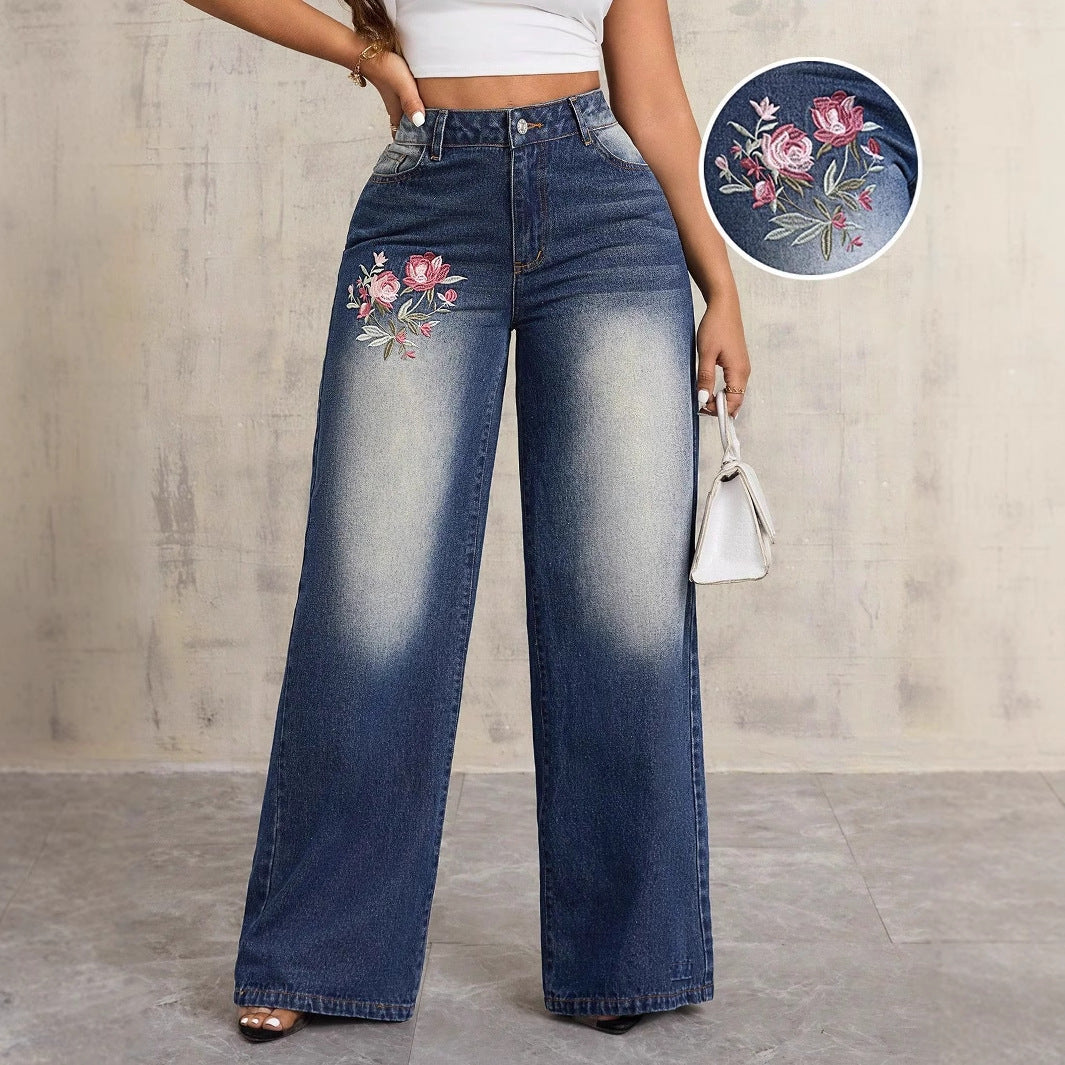 Kvinnors vida denimjeans med blommig broderi Mirla-Eva Jonsson