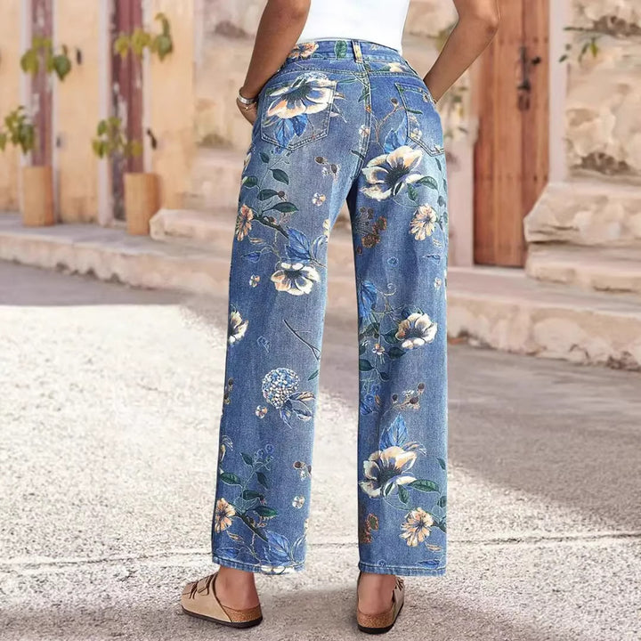 Kvinnors vida jeans med blommönster och hög midja-Eva Jonsson