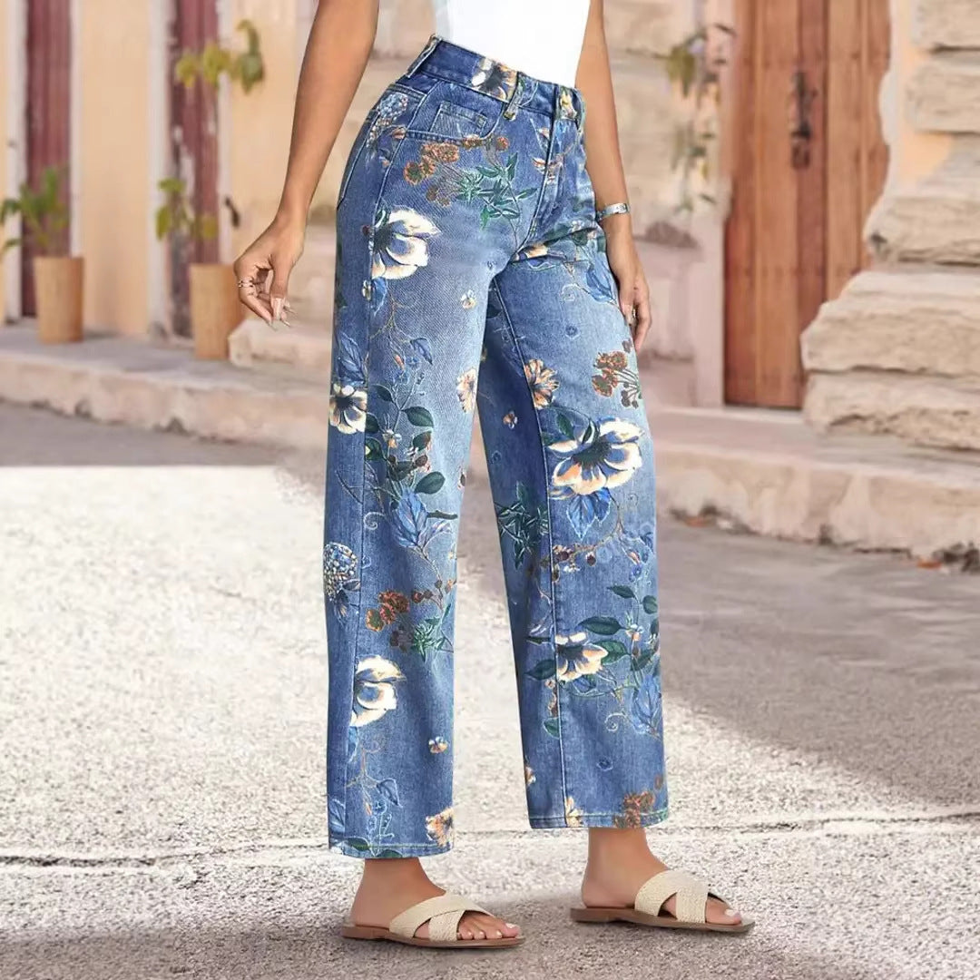 Kvinnors vida jeans med blommönster och hög midja-Eva Jonsson