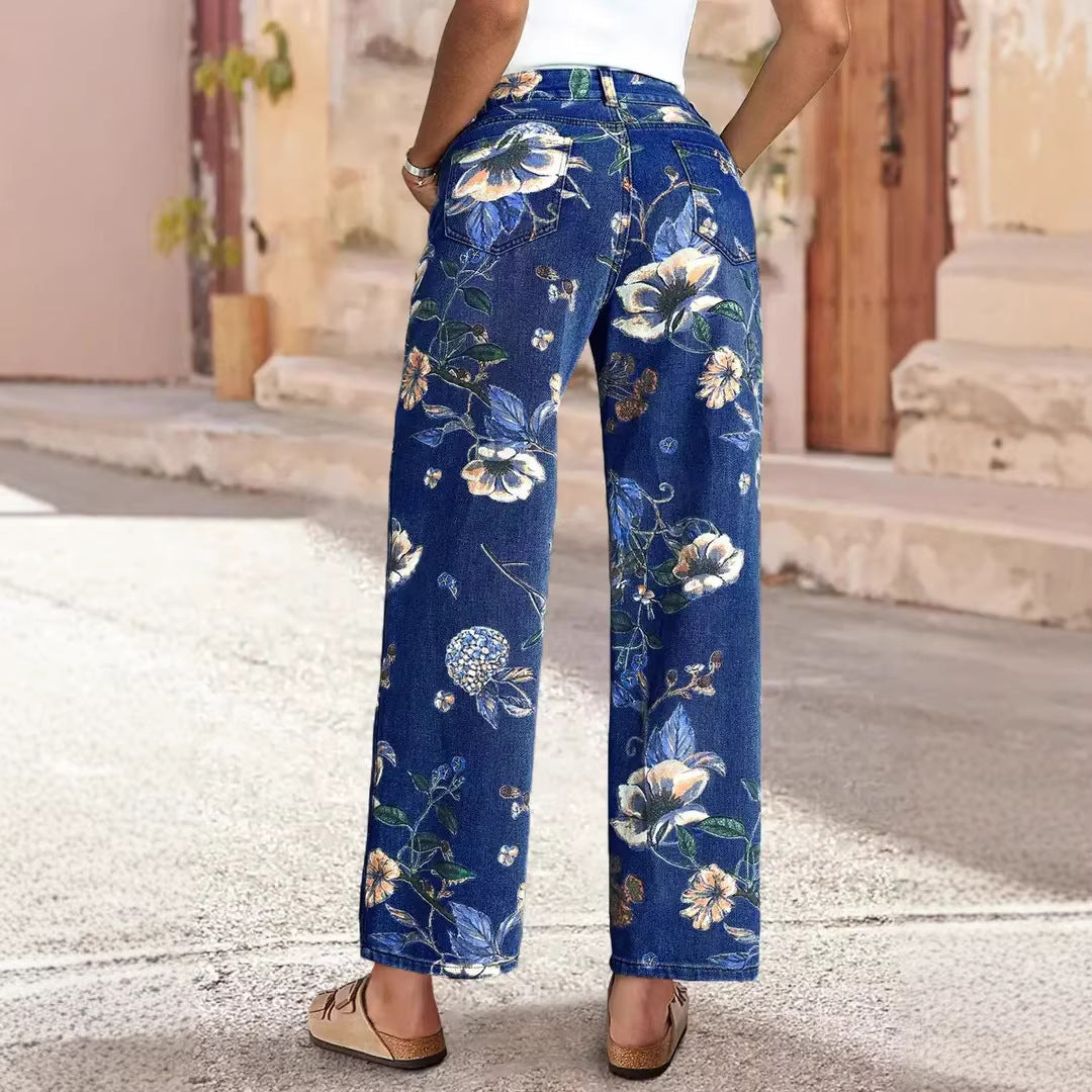 Kvinnors vida jeans med blommönster och hög midja-Eva Jonsson