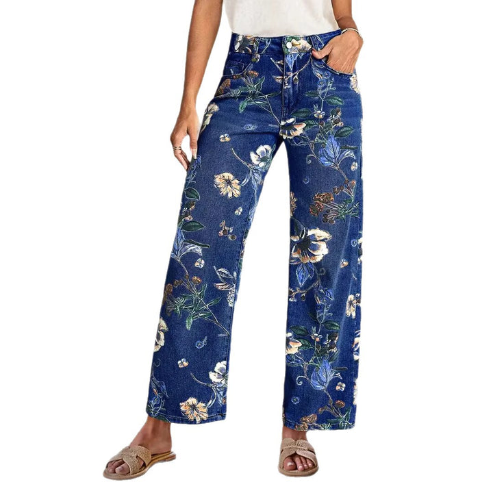 Kvinnors vida jeans med blommönster och hög midja-Eva Jonsson