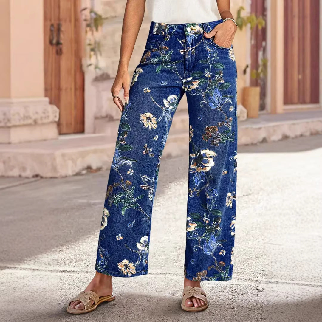 Kvinnors vida jeans med blommönster och hög midja-Eva Jonsson