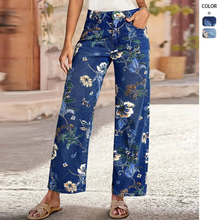 Kvinnors vida jeans med blommönster och hög midja-Eva Jonsson