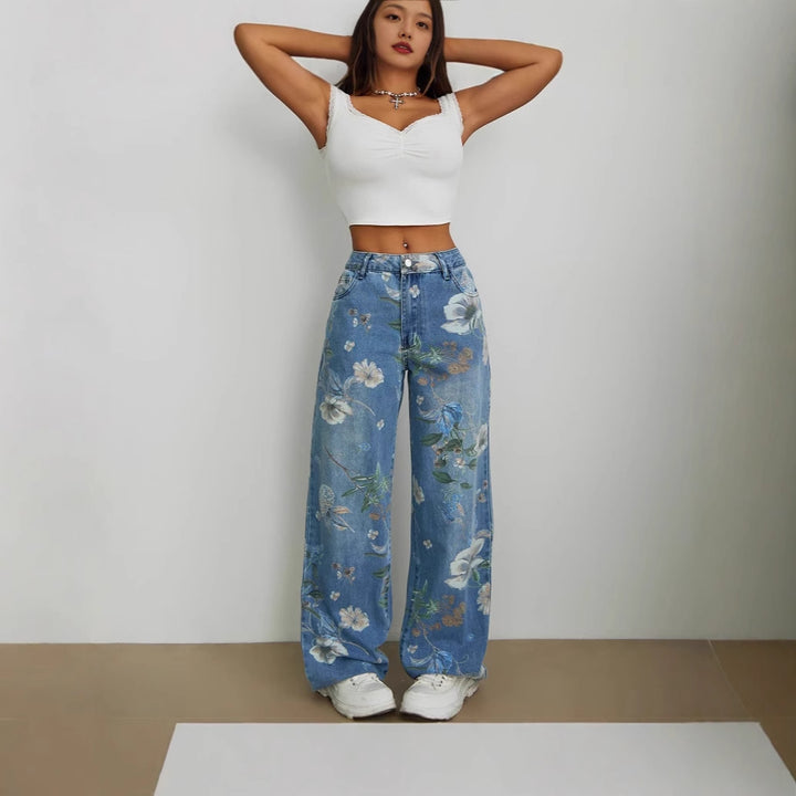 Kvinnors vida jeans med blommönster och hög midja Mirla-Eva Jonsson