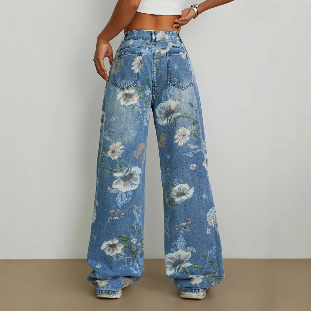 Kvinnors vida jeans med blommönster och hög midja Mirla-Eva Jonsson
