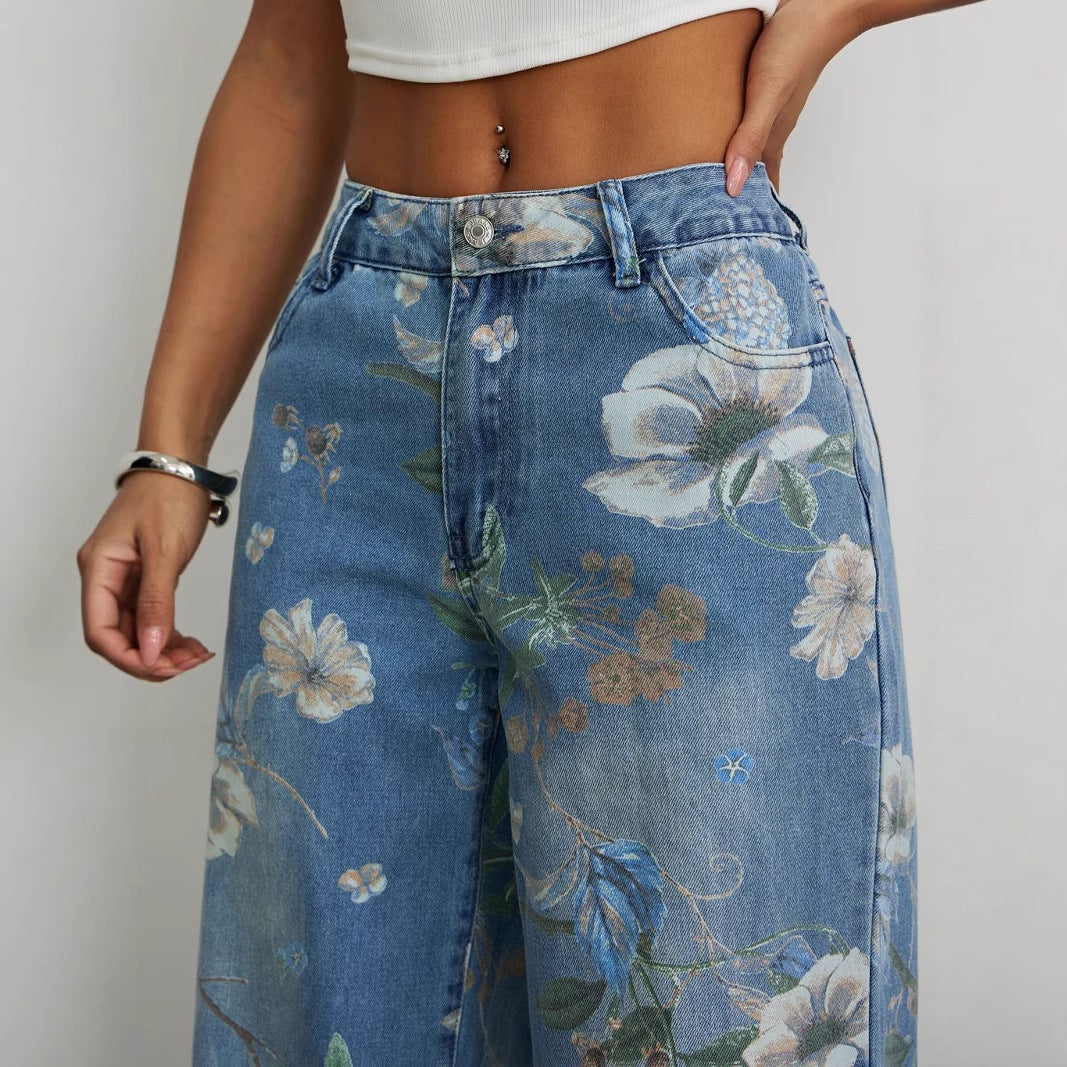 Kvinnors vida jeans med blommönster och hög midja Mirla-Eva Jonsson