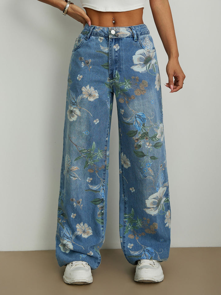 Kvinnors vida jeans med blommönster och hög midja Mirla-Eva Jonsson
