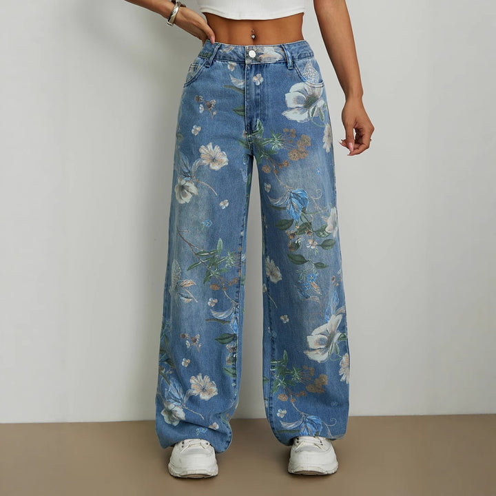 Kvinnors vida jeans med blommönster och hög midja Mirla-Eva Jonsson