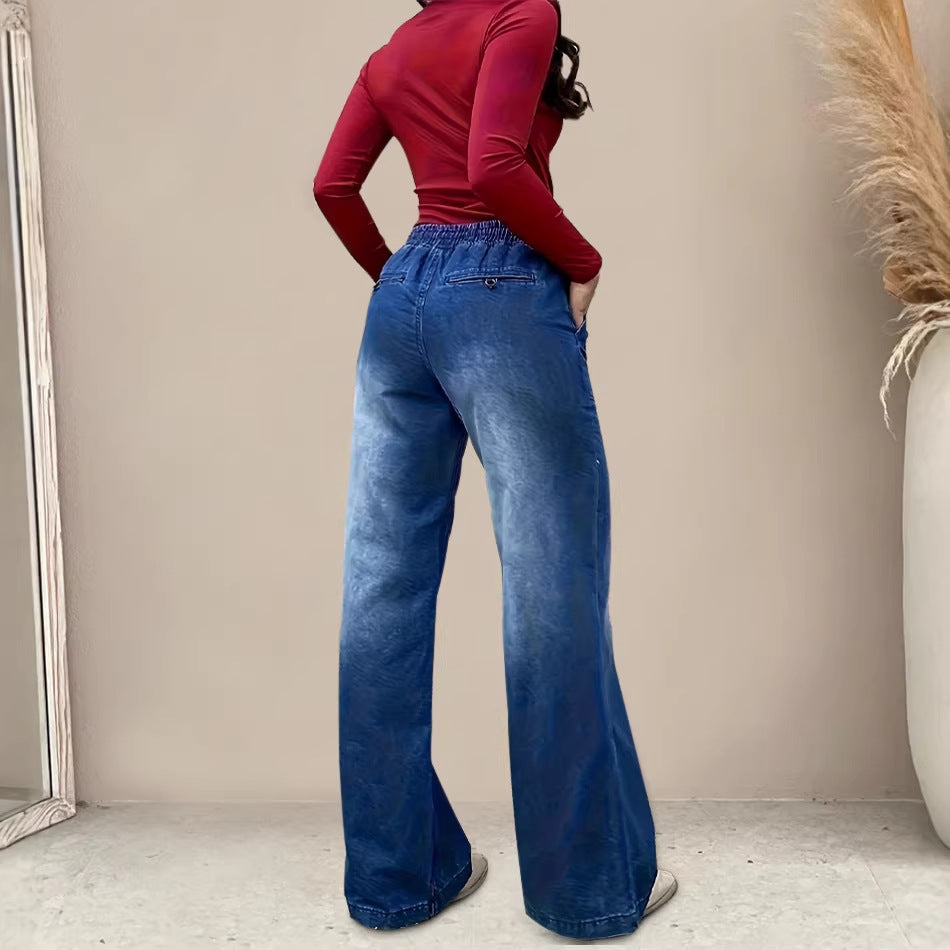 Kvinnors vida jeans med elastisk midja och trendig använd look-Eva Jonsson